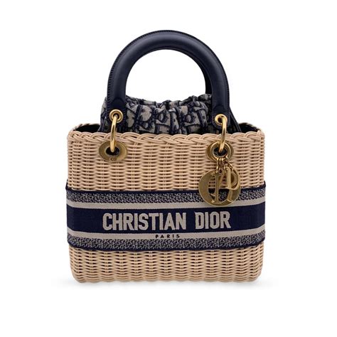 Borsa in vimini Lady Dior Blu Beige Tela Paglia ref.691227.